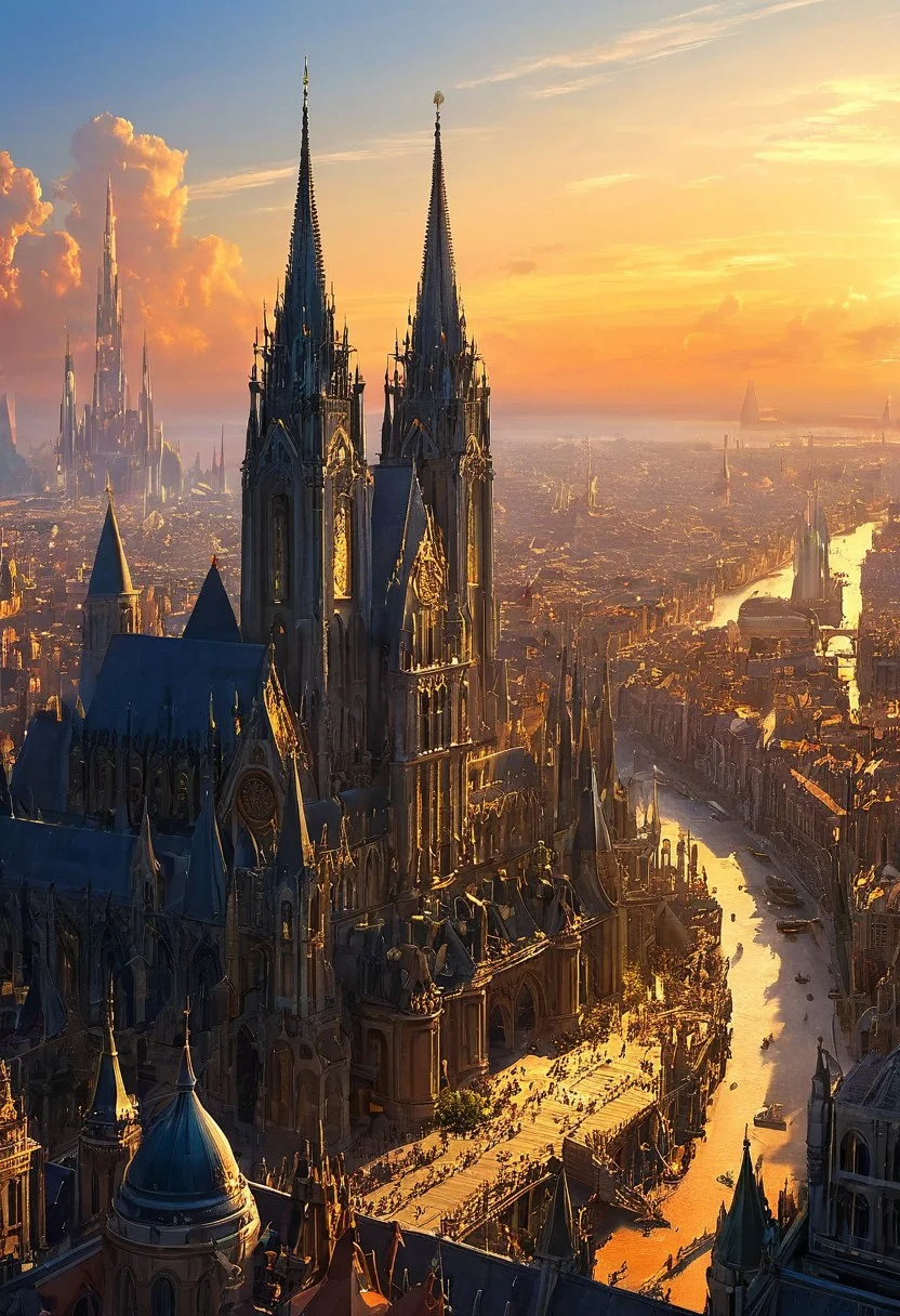 best quality, high quality, masterpiece, perfect composition, intricate details BREAK The city now appeared, and never had it seemed more magnificent, with spires catching the light of sunset, sci-fi, fantasy