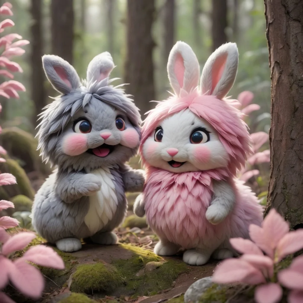 source_anime, Cute wonderful creatures, Microphotography, chibi, cute fluffy rabbits ,pink and grey, in a dreamy forest, ispzxll, In a felt puppet world style,