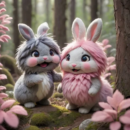 source_anime, Cute wonderful creatures, Microphotography, chibi, cute fluffy rabbits ,pink and grey, in a dreamy forest, ispzxll, In a felt puppet world style,