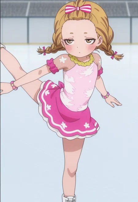 Masterpiece , best quality , amazing quality , anime screencap   ,a girl , leg up  , kkana    , , skirt , dress  ,twin braids  , skating   , ice skater  , blonde
