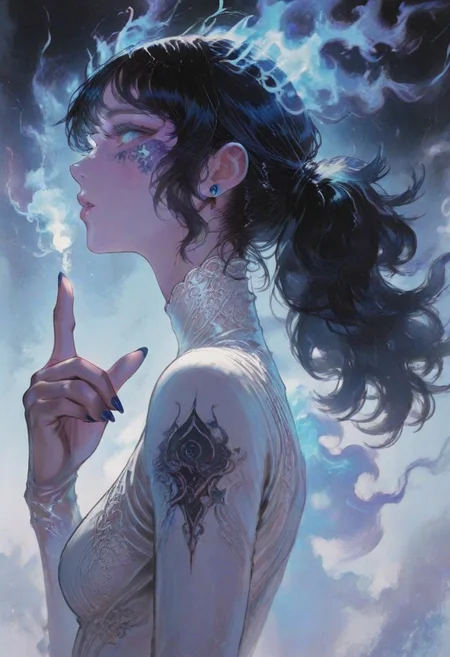 masterpiece, best quality, very aesthetic, absurdres, newest, highest quality, 1girl, solo, long hair, breasts, looking at viewer, blue eyes, black hair, gloves, dress, jewelry, upper body, ponytail, earrings, parted lips, hand up, nail polish, white dress, from side, fingernails, profile, facial mark, fire, index finger raised, blue nails, blue fire, [detailed face], [detailed eyes], m0gm_sty, <lora:96bf6807-d501-41f6-8128-b9fef07178b8:0.9>