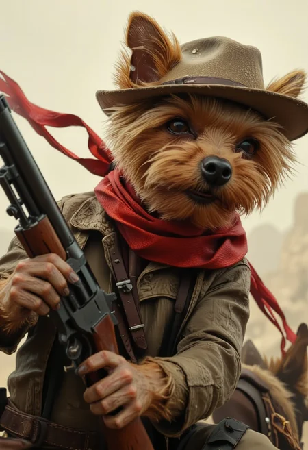 This is a digital artwork in the style of ckgr Anthropomorphic yorkshire terrier allab in a high-speed horse chase, wearing a red scarf, a dust-covered cowboy hat, and gripping a shotgun. Dust kicks up behind it. Highly detailed, realistic textures, western theme, cowboy, gunslinger, action shot.
 <lora:ral-anthropomorphic-flux:1>