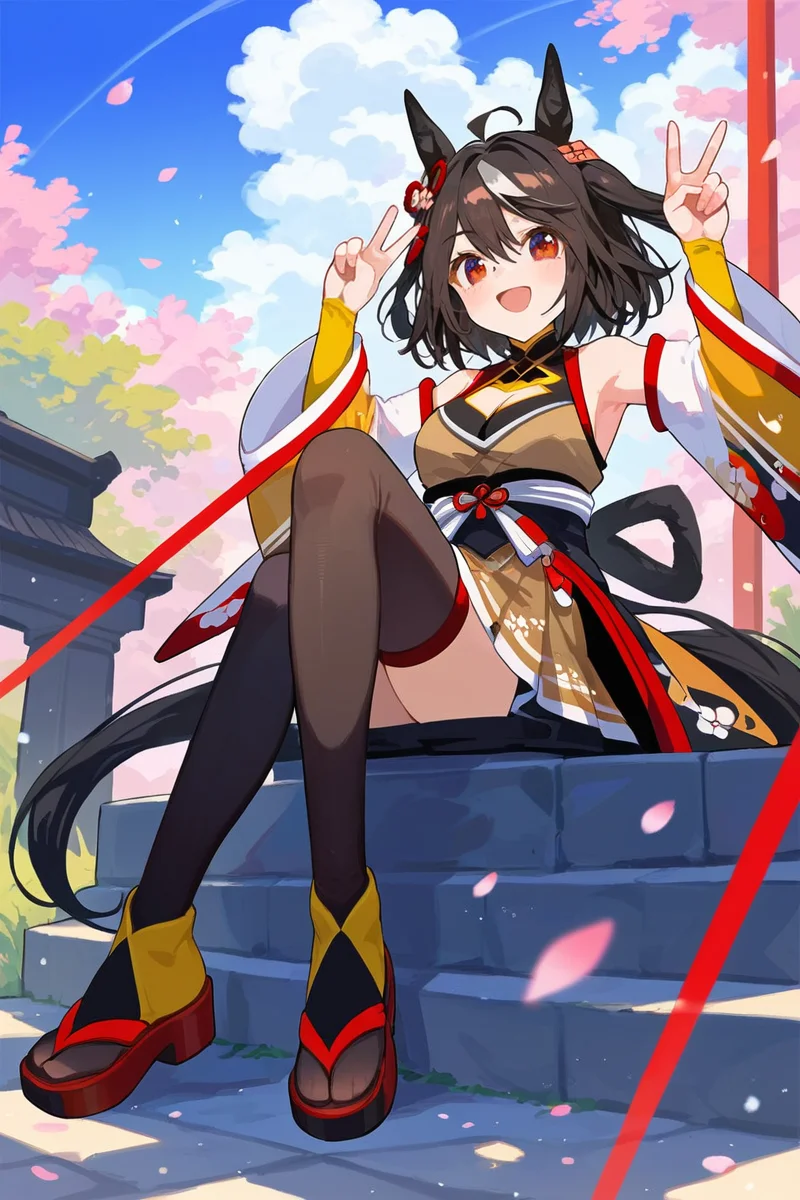 score_9, score_8_up, score_7_up, rating_safe, masterpiece, best quality, absurdres, unity 8k wallpaper, official art, official style, source_anime,
kitasan black \(umamusume\), 1girl, horse ears, horse tail, black thighhighs, full body, cleavage cutout, armpits, clothing cutout, looking at viewer, smile, cleavage, v, hair ornament, standing, bare shoulders, arm up, two side up, chanchanko jacket, detached wide sleeves, multicolored skirt, yellow high-neck crop shirt, low back kouhaku nawa, red shoes, yellow arm covers, waist white bow
light rays,lens flare,light particles,outdoors
<lora:pony_kitasan_black_v1.0:0.85>