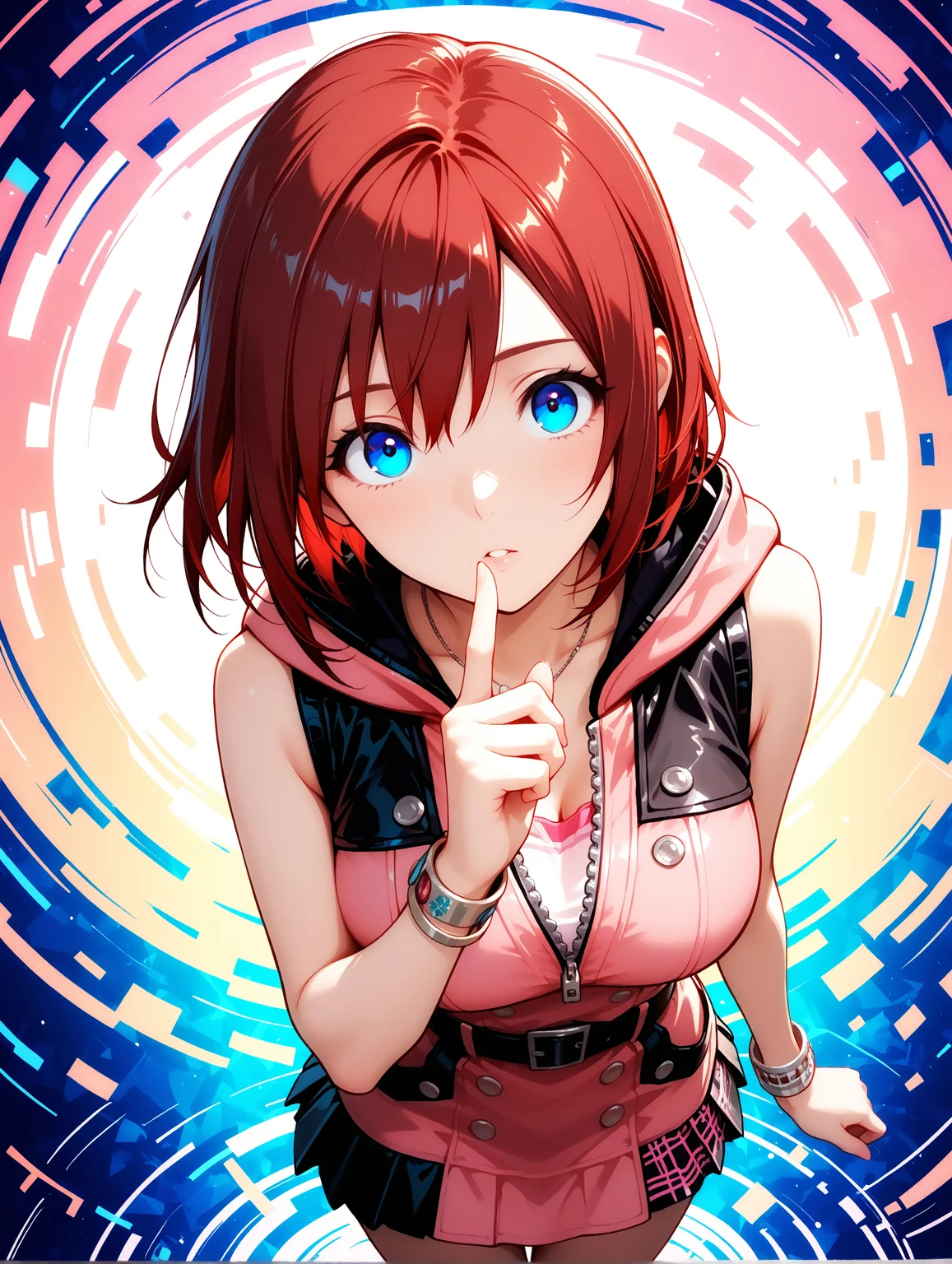 masterpiece, very aesthetic, best quality, amazing quality, solo, imtdkairi3il, 1girl, 25 years old, red hair, brown hair, short hair, blue eyes, dress, sleevesless, pink dress, hood, belt, sleeveless dress, necklace, zipper, hood down, bracelet, zipper pull tab, buttons, bangs, pleated dress, belt buckle, short dress, large breast, beautiful background, cowboy shot, boots, from above, looking at viewer, touching the viewer with a finger, pressing finger against the viewer, awe face, abstraction, floating, cover, abstract background