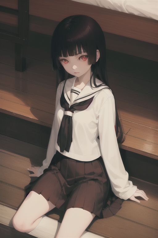Enma Ai, 1girl, pale skin, wide sleeves, from above, masterpiece, best quality, 1girl, solo, school uniform, serafuku, red eyes, black serafuku, skirt, socks, hime cut, sleep at bed