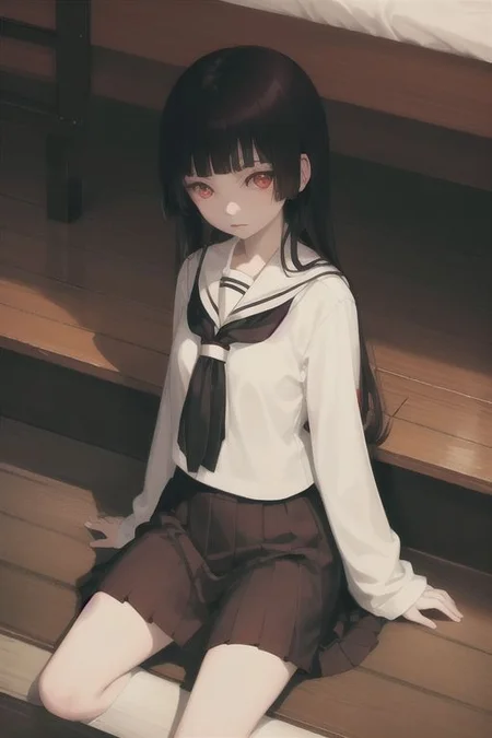 Enma Ai, 1girl, pale skin, wide sleeves, from above, masterpiece, best quality, 1girl, solo, school uniform, serafuku, red eyes, black serafuku, skirt, socks, hime cut, sleep at bed