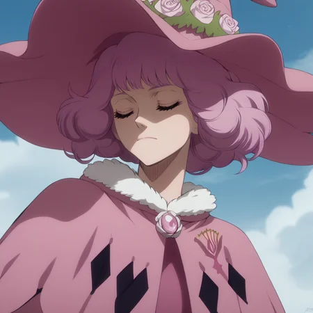 <lora:SlimesDorothy:1>, score_9, score_8_up, score_7_up, slimes_dorothyunsworth, pink witch hat, eyes closed, mouth open, castle background