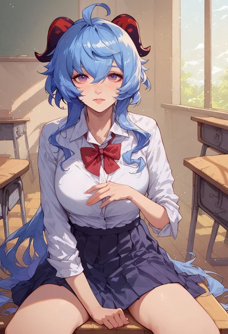 score_9, score_8_up, score_7_up, Expressiveh, ultra detailed, 
one japanese highschool girl, sitting, school uniform, skirt, 
ganyu \(genshin impact\),
solo, detailed and (pale:0.88) skin, beautiful face, looking at viewer, classroom,