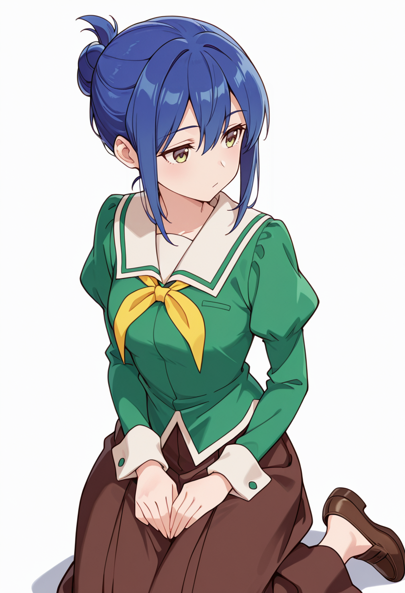 masterpiece,high quality details,absurdres, 
kanoko_cnr, 1girl, blue hair,hair between eyes, sidelocks, single hair bun,
kanoko_s1,green shirt,white sailor collar, serafuku,juliet sleeves,long skirt, green dress, loafers,dark-brown skirt, <lora:Mamiya_Kanoko:0.8>, simple background, white background, sideways,solo,, :/,