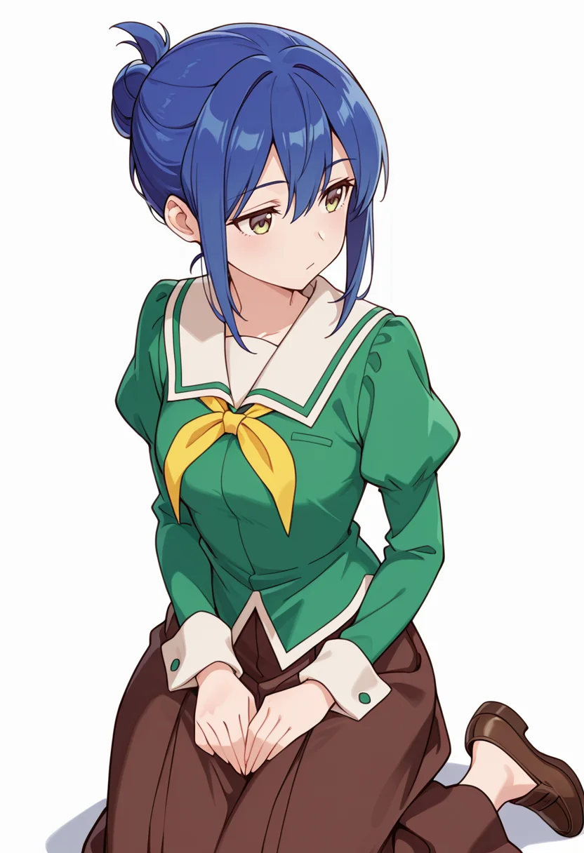 masterpiece,high quality details,absurdres,
kanoko_cnr, 1girl, blue hair,hair between eyes, sidelocks, single hair bun,
kanoko_s1,green shirt,white sailor collar, serafuku,juliet sleeves,long skirt, green dress, loafers,dark-brown skirt, <lora:Mamiya_Kanoko:0.8>, simple background, white background, sideways,solo,, :/,