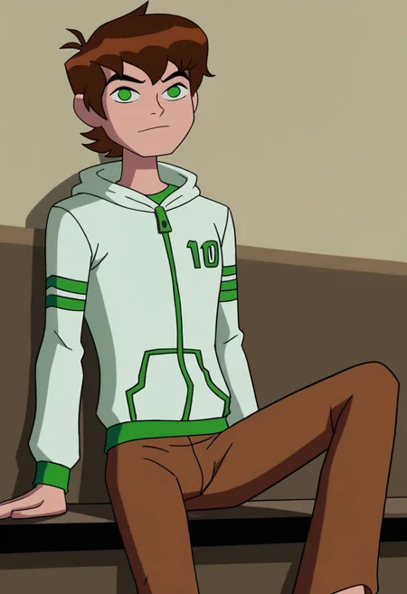 Ben tennyson 1boy,solo,sitting,,looking at viewer,brown hair,green eyes,white hoodie,long sleeves,brown pants