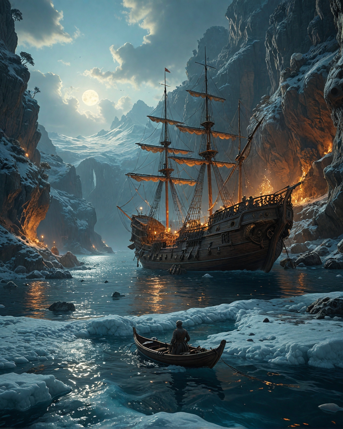 ghost shipskeleton crew,John Marin (modernist harbors), Mediterranean cliffside cove at dusk, frost flowers on sea ice. pearl diving boat skeleton, blue shark patrolling,
<lora:tbh124-sdxl:0.15> style of Jean-Antoine Watteau,
<lora:tbh129-sdxl:0.15> style of Michael Cheval,
<lora:Sinozick:0.15>,
<lora:add-detail-xl:0.7>,
<lora:aidmaMJ6.1_v0.5_2:0.3> aidmamj6.1,
<lora:Flux-XL_Scenery:0.15> flux-scenery,
<lora:Flux-style-xl-lora:0.15> flux-style,
8K resolution, ultra-detailed cinematic composition, contemporary concept art style, volumetric magical atmosphere with ethereal glow, rich complementary color palette, vivid gradients and chiaroscuro contrast, dynamic perspective with layered depth of field, inspiring awe-inspiring mood, Unreal Engine 5 render quality, intricate textures, flawless anatomy, rule of thirds composition, luminous highlights, surreal ambiance, award-winning illustration, harmonious balance of light and shadow, photorealistic details, ArtStation trending, chromatic accents, nostalgic futurism, dreamlike serenity, bold creativity, professional finish, sharp focus, ambient background, fascinating dynamic motion,, Baroque art style, dynamic composition, dramatic lighting, rich colors, intricate details, professional-grade execution, captures the grandeur and theatricality of the Baroque period