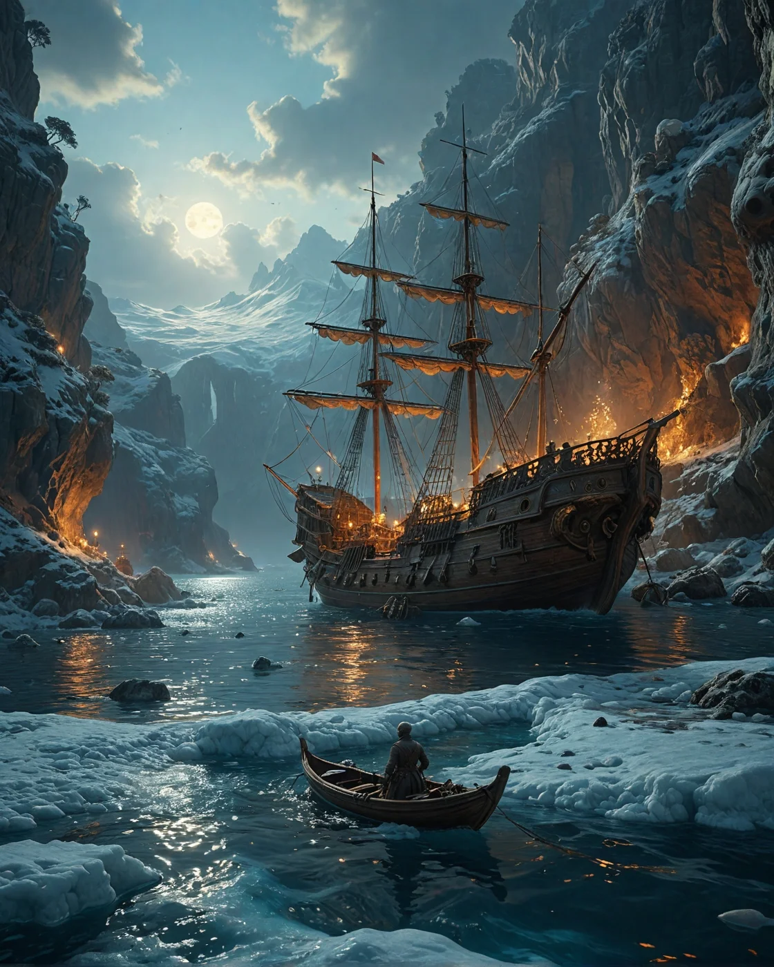 ghost shipskeleton crew,John Marin (modernist harbors), Mediterranean cliffside cove at dusk, frost flowers on sea ice. pearl diving boat skeleton, blue shark patrolling,
<lora:tbh124-sdxl:0.15> style of Jean-Antoine Watteau,
<lora:tbh129-sdxl:0.15> style of Michael Cheval,
<lora:Sinozick:0.15>,
<lora:add-detail-xl:0.7>,
<lora:aidmaMJ6.1_v0.5_2:0.3> aidmamj6.1,
<lora:Flux-XL_Scenery:0.15> flux-scenery,
<lora:Flux-style-xl-lora:0.15> flux-style,
8K resolution, ultra-detailed cinematic composition, contemporary concept art style, volumetric magical atmosphere with ethereal glow, rich complementary color palette, vivid gradients and chiaroscuro contrast, dynamic perspective with layered depth of field, inspiring awe-inspiring mood, Unreal Engine 5 render quality, intricate textures, flawless anatomy, rule of thirds composition, luminous highlights, surreal ambiance, award-winning illustration, harmonious balance of light and shadow, photorealistic details, ArtStation trending, chromatic accents, nostalgic futurism, dreamlike serenity, bold creativity, professional finish, sharp focus, ambient background, fascinating dynamic motion,, Baroque art style, dynamic composition, dramatic lighting, rich colors, intricate details, professional-grade execution, captures the grandeur and theatricality of the Baroque period
