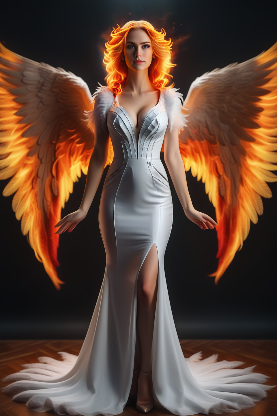 portrait of woman, gloriole flaming halo, ultra realistic 8k cg, flawless, clean, long hair, masterpiece, professional artwork, elegant feather dress, famous artwork, cinematic lighting, cinematic bloom, (((female angel, large red wings, flaming angel wings))), calm and holy, Feuerhaare, glowing hair, flaming hair, stars in background, <lora:Feuerhaare_lora_sdxl:1.1>