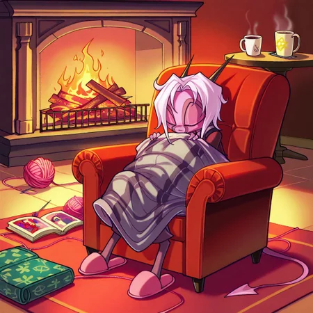 score_9, score_8_up, score_7_up,namah_calah,
1girl,solo,furry,tail, source_furry,horns,
,<lora:namah_calah_illustrious:0.8>,
child, kid,
knitting_needles, yarn_ball, blanket, armchair, fireplace, slippers, wool, pattern_book, A cozy evening by a crackling fireplace, someone curled up in an armchair, needles clicking as they knit rows of a soft blanket. Yarn roll slightly on the floor, a coffee mug steams on a side table, and a pattern book lies open nearby