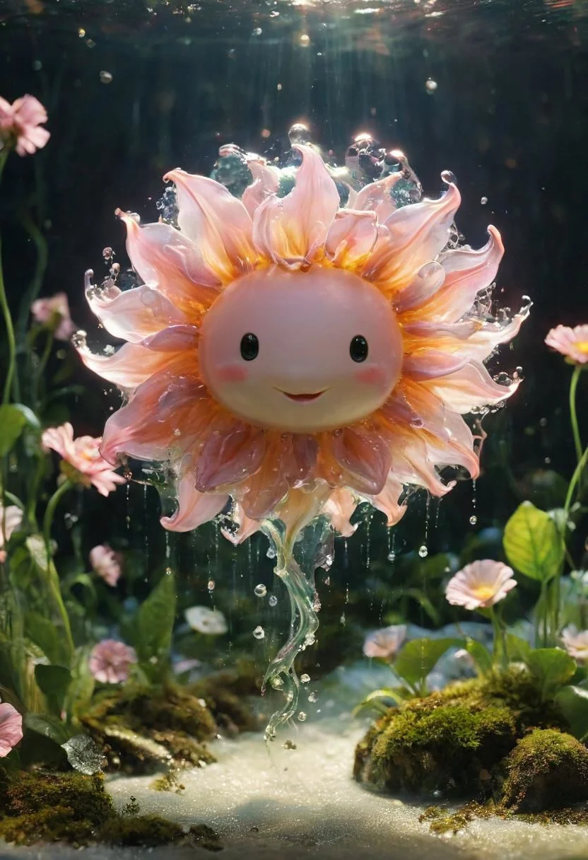 Envision a whimsical fantasy world where a colossal, cute, blushed, and irresistibly translucent transparent ethereal very flowers and sunlight slime takes center stage. Picture the slime with a mischievous charm, its surface reflecting a soft glow. Amidst its translucent body, an unexpected sight catches the eye  forget me not flowers suspended within its stomach. This charming and slightly perplexing scene invites you to explore the magical and endearing mysteries of this fantastical realm, where even the most mundane objects take on a delightful and surreal twist within the embrace of the giant, lovable slime.
very detailed, hd, RAW photograph, masterpiece, top quality, best quality, official art,highest detailed, atmospheric lighting, cinematic composition, complex multiple subjects, 4k HDR, vibrant, highly detailed, Leica Q2 with Summilux 35mm f/1.2 ASPH, Ultra High Resolution, wallpaper, 8K, Rich texture details, hyper detailed, detailed eyes, detailed background, dramatic angle, epic composition, high quality , (8k, RAW photo, highest quality), hyperrealistic,