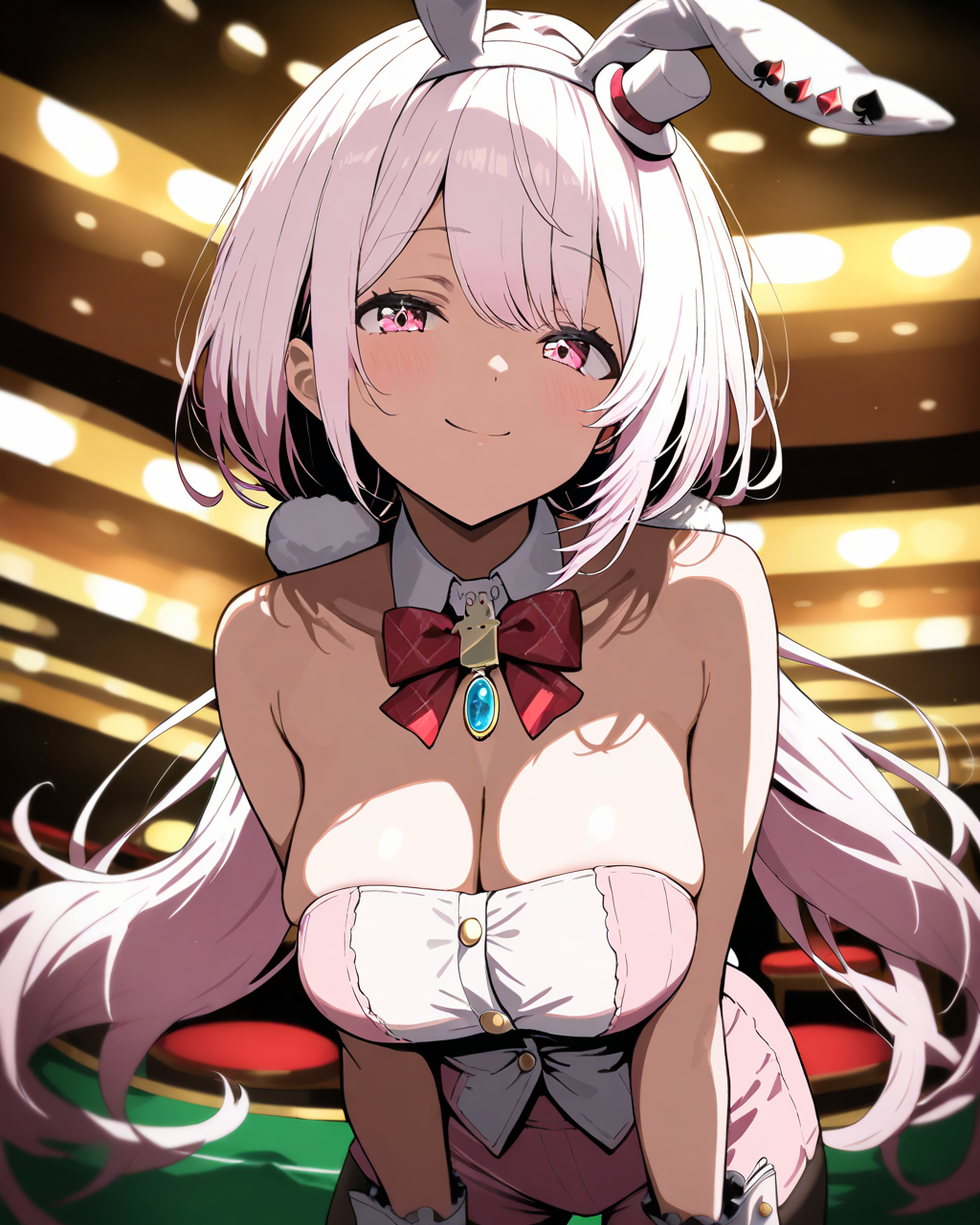 1girl,
ShiinaYuikaNijisanji,
sensitive, solo, dynamic angle, upper body,
beautiful eyes, looking at viewer, smile,
rabbit ears,
mini hat,
long hair, low twintails,
playboy bunny, pose,
red bow, detached collar,
strapless, brooch,
large breasts, cleavage,
wrist cuffs,
pink shorts, 
black pantyhose,
spade (shape), heart, diamond (shape), club (shape),
casino, cinematic lighting, high contrast, anime coloring,
depth of field,
<lora:kp_ShiinaYuikaNijisanji12thCostumeAnimagineXL_v1_1:1.0>,
masterpiece, high score, great score, absurdres