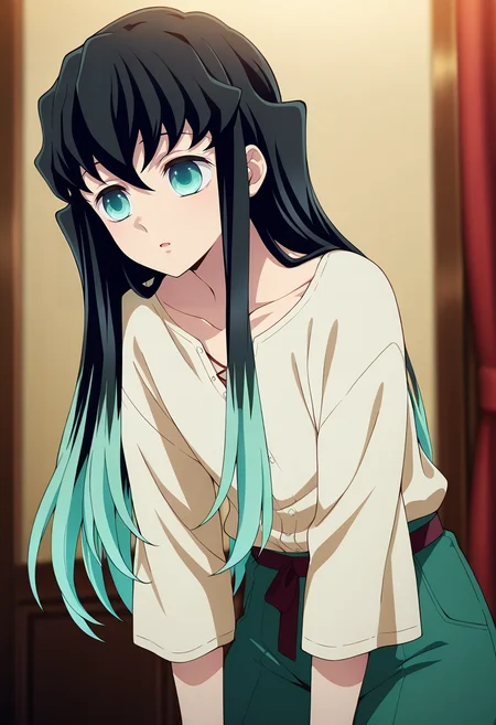 masterpiece, best quality, , anime screencap, anime coloring, , , depth of field, 1boy, solo, male focus, <lora:muichirou_tokitou_ilxl:0.98>, muichirou_tokitou, black hair, aqua eyes, long hair, bangs, hair between eyes, sidelocks, multicolored hair, two-tone hair, gradient hair, aqua hair, , Emerald Moroccan Georgette Harem pants, Linen shirt, , ,