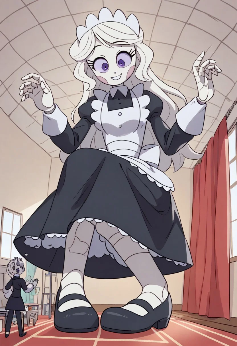 Score_9_up, score_8_up, score_7_up, 1girl, emmytr, purple eyes, solo, robot, white hair, long hair, black and white maid uniform, maid headdress, cute, black shoes, happy, smiling,
head touching ceiling, looking down at the viewer, facing viewer, front view, shoe focus, low angle, sitting on the floor, hunched over, body pressed against ceiling, giantess inside room, growing too big, growing very large, huge woman, large woman, massive growth spurt, uncontrolled growth, size difference, growth, back to wall,
indoors, fancy room, dark floor, knocked over couch, window with red curtains,
<lora:minigts:1> mesogts, minigts, <lora:cramped_growth:1> growth, very cramped, low ceiling, (head touching ceiling), small person wearing black suit in the foreground,