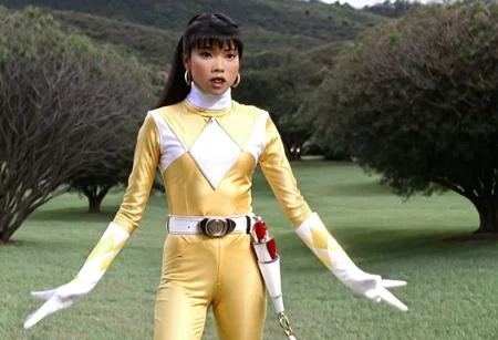 Trini Kwan, alone, long black straight ponytail hair, fringe, bangs, it's morphin time, helmetless, yellow power ranger, uniform, yellow catsuit, white turtleneck collar, white gloves boots belt, red holstered weapon, neutral facial expression, large chunky steel hoop earrings, in action, facing camera, looking at viewer