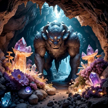 RAW photo, (masterpiece:1.3), subsurface scattering, heavy shadow, (high quality:1.4), (intricate, high detail:1.2), professional photography, HDR, High Dynamic Range, realistic, ultra realistic, photorealistic, high resolution, film photography, ambient lighting, atmospheric effects, <lora:detail_slider_v4:2>, OverallDetail, <lora:CrystalCaves:0.8>, cave, cryca, crystal, gem, mushrooms, nature, rock, scenery, a dwarven miner, <lora:DwarvenArmor:0.8>, DwarAr
