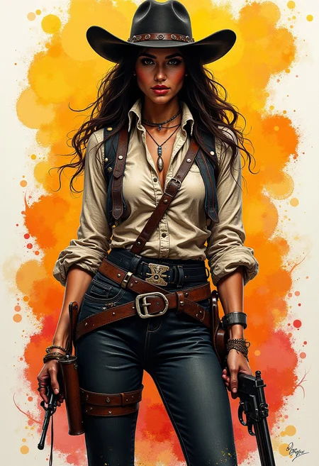 masterpiece, ink and crayon art of a female gunslinger, wild west, HD32K, wallpaper, hyperdetailed, concept art, abstract background