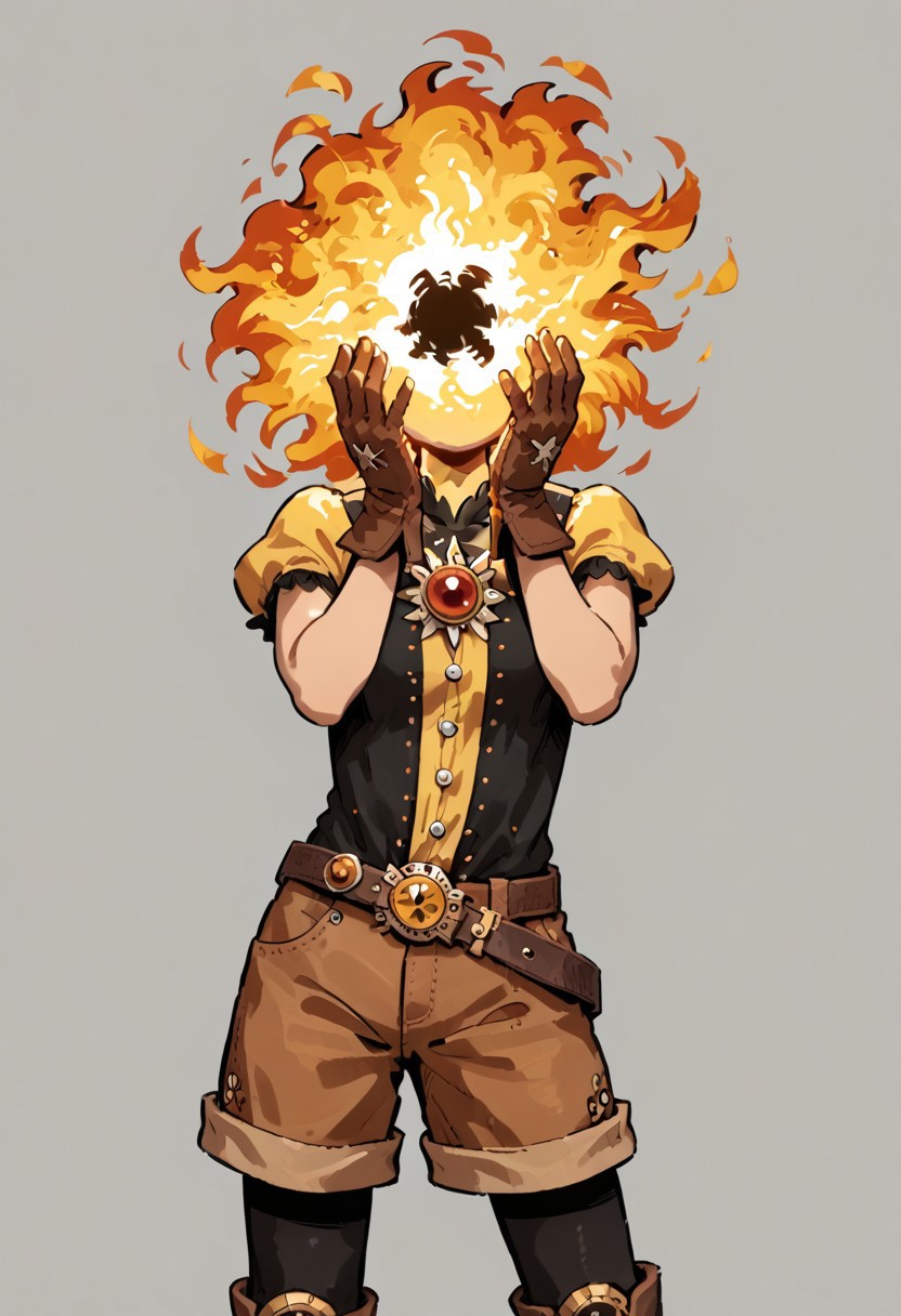 score_9, score_8_up, score_7_up, solo,
lord_of_frenzy, fire head,
novakin, faceless, no eyes, no mouth, no nose, no facial features, short fiery yellow orange hair, body made of black plasma,
open hands, hands on face front,
hands on own head, 
magical girl outfit, (steampunk dress:1.1), boots, (brown shorts:1.1), black tights, medium breasts, belt, gloves, 
(headache:1.1), (mad:1.1), (lean back:1.1), (dynamic pose:1.2), head up, head tilt, 
simple background, grey background,
in yoshidanatsumi artstyle