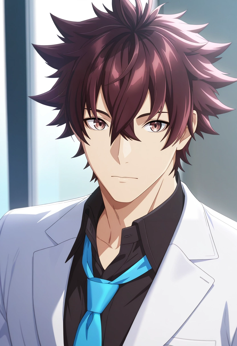 masterpiece, best quality, , semi-realistic, looking at viewer, 1boy, solo, male focus, <lora:yuuya_tenjou_ilxl:0.96>, yuuya_tenjou, brown hair, brown eyes, short hair, hair between eyes, spiked hair, bangs, white jacket, blue necktie, black shirt, collared shirt,