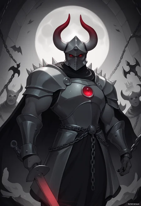 score_9, score_8_up, score_7_up, score_6_up BREAK monochrome,greyscale,cinematic angle,full moon,male focus,muscular,fantasy,abstract background,knight,full armor,medieval,cowboy shot,cape,helmet,visor,red eyes,glowing eyes,spikes,horns,claws,chains,horror,gothic,pose,holding sword,stance,weapon,holding weapon  <lora:UBW_XLPD:1.2>