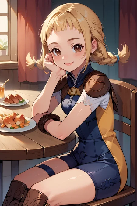 score_9, score_8_up, score_7_up, score_6_up, source_anime, BREAK 1girl, solo, <lora:penelo-pdxl-nvwls-v1-000005:1> defPenelo, brown eyes, blonde hair, twin braids, bodysuit, shoulder pads, brown boots, bracelets, thigh straps, sitting, chair, table, food, head rest, smile