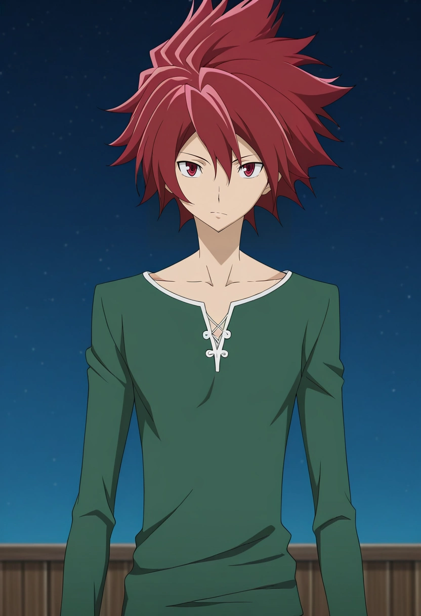 masterpiece, best quality, intricate details, anime screencap, anime coloring, official style, looking at viewer, 1boy, solo, male focus, <lora:takuto_tsunashi_ilxl:0.98>, takuto_tsunashi, red hair, red eyes, spiked hair, bangs, ,