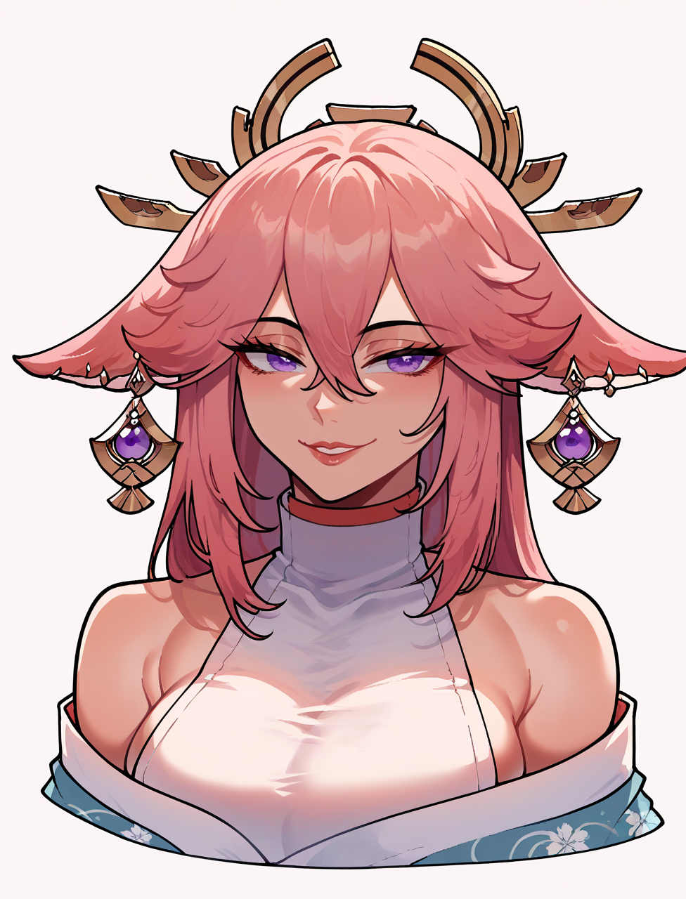 score_9, score_8_up,  <lora:NyantchaV2:1>,
1girl, yae miko, pink hair, earrings, animal ears, large breasts, kimono, smile, lips, upper body,
