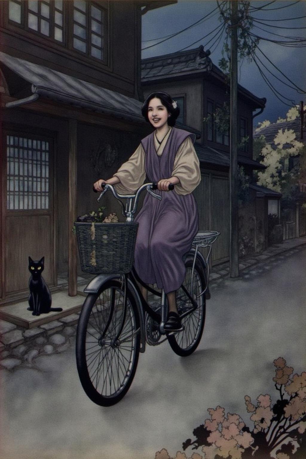 charob1 illustration.
A Japanese school girl riding a old style bicycle through a narrow, quiet street at night. The happy woman wears a simple, flowing purple dress. In the corner, a small black cat with piercing eyes sits watching her quietly. The mood is tranquil and slightly magical.  <lora:charob1_cap_d6a3e11:1.0><lora:824703153556678796:0>