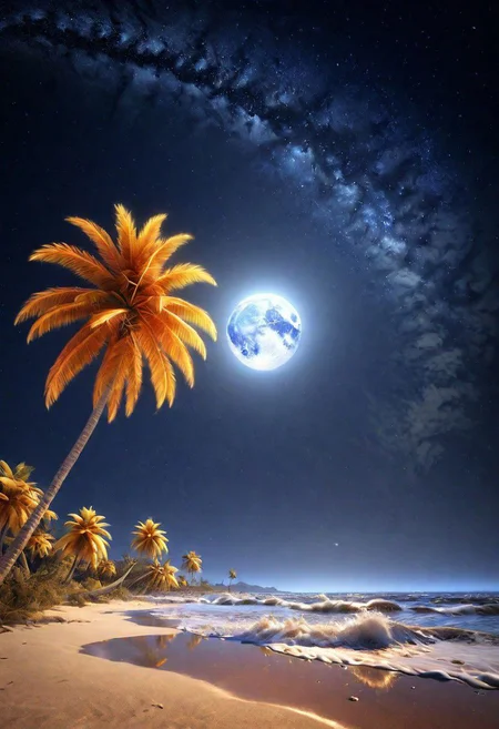 ocean, crashing waves SILVER LIQUID METAL , stars, moon, palm trees, beach, night, Inspiration, orange, yellow, 8k, best render, masterpiece, great, best scenery, beautiful, photorealistic, Milky Way, Night sky