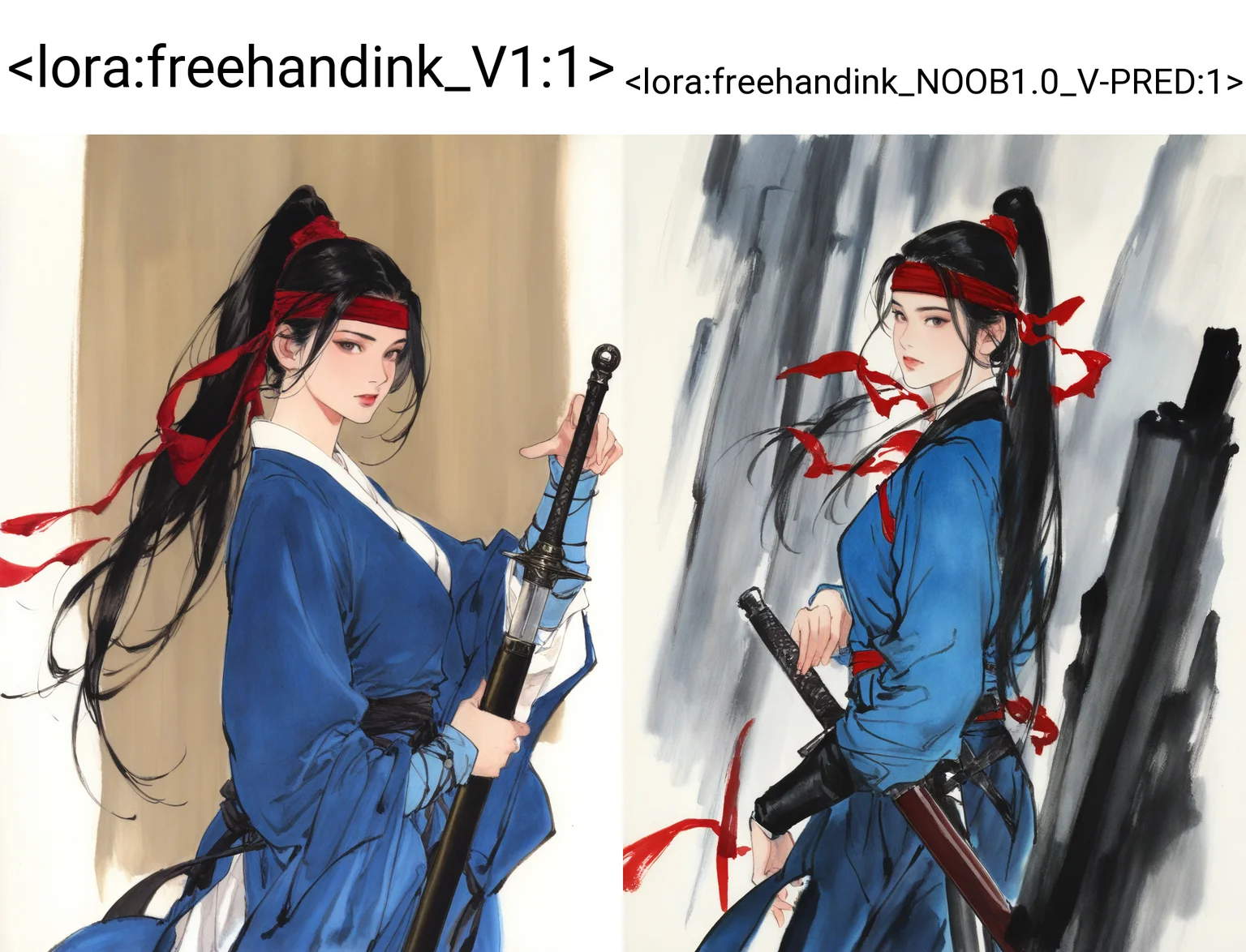 1girl, solo, long hair, looking at viewer, black hair, long sleeves, holding, ponytail, weapon, sword, holding weapon, from side, headband, traditional media, red headband
masterpiece, absurdres,
<lora:freehandink_V1:1>