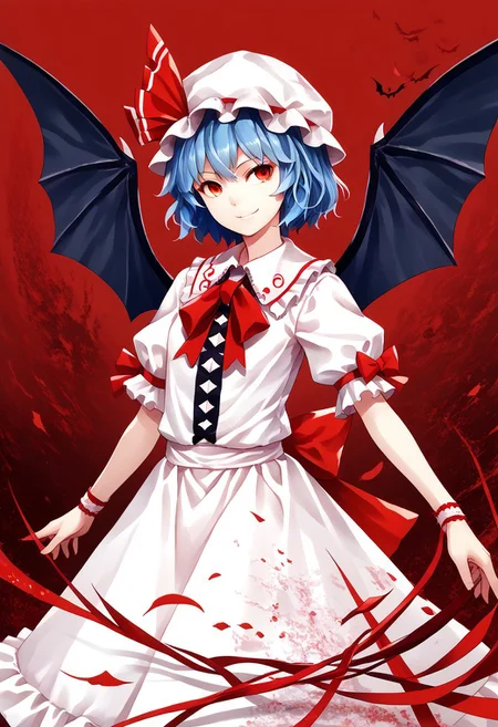 score_9, score_8_up, score_7_up, score_6_up, score_5_up, score_4_up, source_anime, solo, 1girl, 
r3mil1a_sc4rlet, hat, red eyes, blue hair, wings, smile, short hair, bat wings, ribbon, short sleeves, mob cap, 
masterpiece, best quality, very aesthetic, absurdres,
