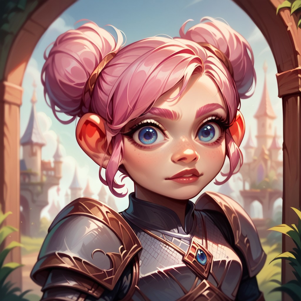 (((detailed, beautiful, high quality))), score_9, score_8_up, score_7_up, solo, upper body,
gnome, short stature, shortstack, big eyes, big ears,
1 girl, female focus, pink hair, 2bun hairstyle , blue eyes, silver armor,
looking at the viewer, posing,
fantasy background, blurred background,