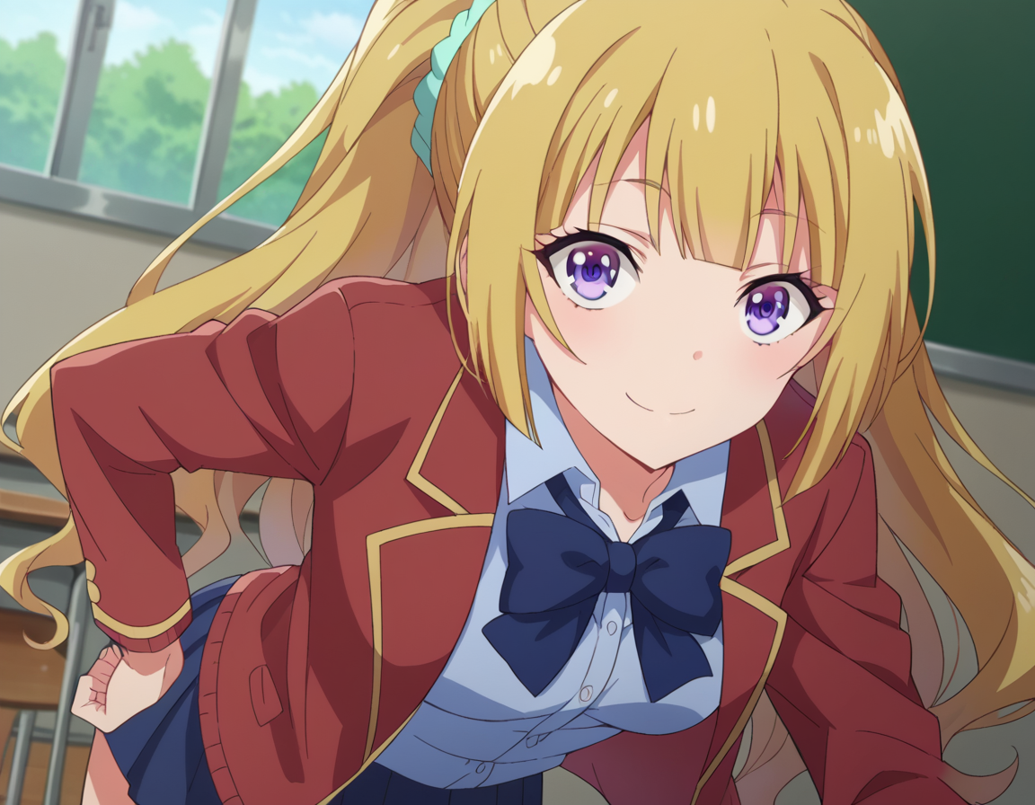 score_9, score_8_up, score_7_up, source_anime, 
keikaruizawa, <lora:kei-karuizawa-anime-s2-ponyxl-lora-nochekaiser:1>, 
kei karuizawa, long hair, bangs, blunt bangs, purple eyes, blonde hair, shirt, hair ornament, ponytail, scrunchie, blue scrunchie, smile, 
skirt, shirt, bow, school uniform, jacket, red jacket, pleated skirt, bowtie, sweater, blue bow, blue shirt, 
indoors, classroom, bent over,
looking at viewer, cowboy shot, dutch angle,