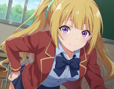 score_9, score_8_up, score_7_up, source_anime,
keikaruizawa, <lora:kei-karuizawa-anime-s2-ponyxl-lora-nochekaiser:1>,
kei karuizawa, long hair, bangs, blunt bangs, purple eyes, blonde hair, shirt, hair ornament, ponytail, scrunchie, blue scrunchie, smile,
skirt, shirt, bow, school uniform, jacket, red jacket, pleated skirt, bowtie, sweater, blue bow, blue shirt,
indoors, classroom, bent over,
looking at viewer, cowboy shot, dutch angle,
