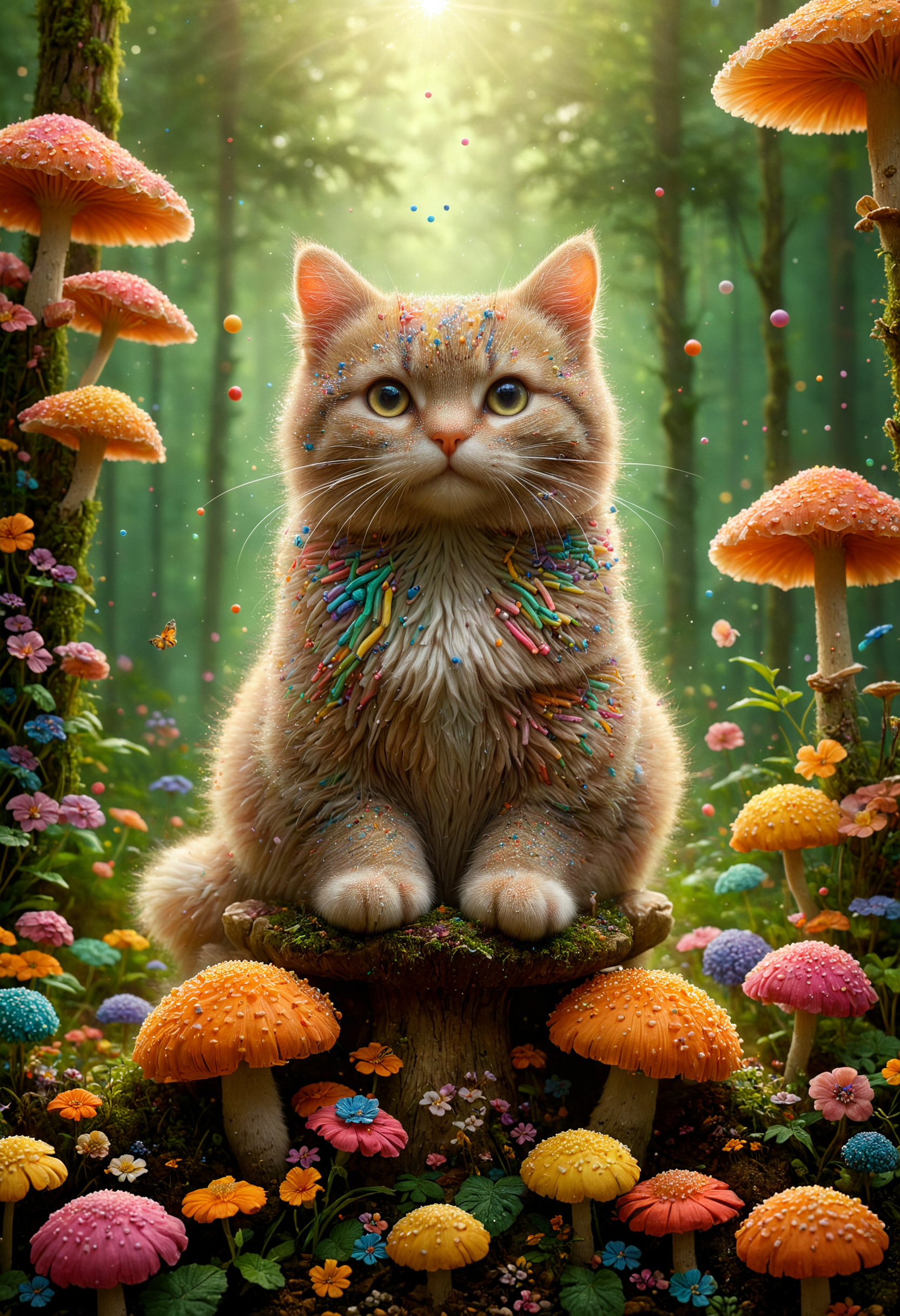 a fluffy cat sitting on a mushroom in a fantasy forest, text "Sprinkles", made out of sprinkles, <lora:PinkieSprnklsSDXL:0.7>, p1nkspr1nkles, colorful, <lora:aidma-Image UpgraderXL-v0.1:1>, detailemaximizer,