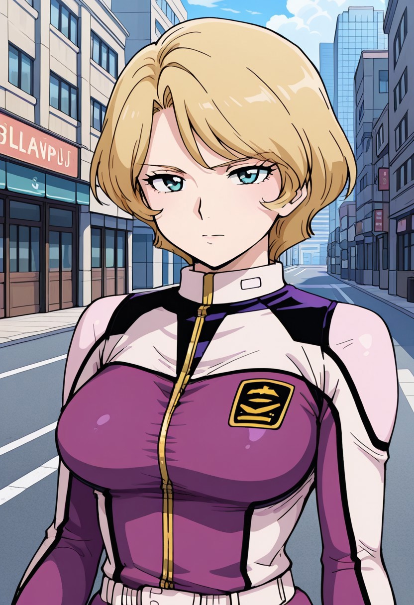 CG quality, masterpiece, best quality,amazing quality,city ,street,rira, 1 female, short hair, blonde hair, purple pilotsuit,upper body