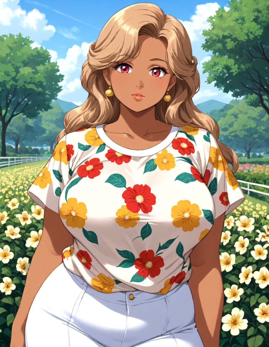 anime style, beautiful Sweet Girl, Pear-Shaped Plus-Size Body, Golden Tan Skin skin, beautiful detailed Chubby Face, Pastel Red eyes, Royal Blue gradient Long Shag hair, Reluctant, Warm Beige Retro Floral Jersey Top, best quality, ultra-detailed, sharp intricate details