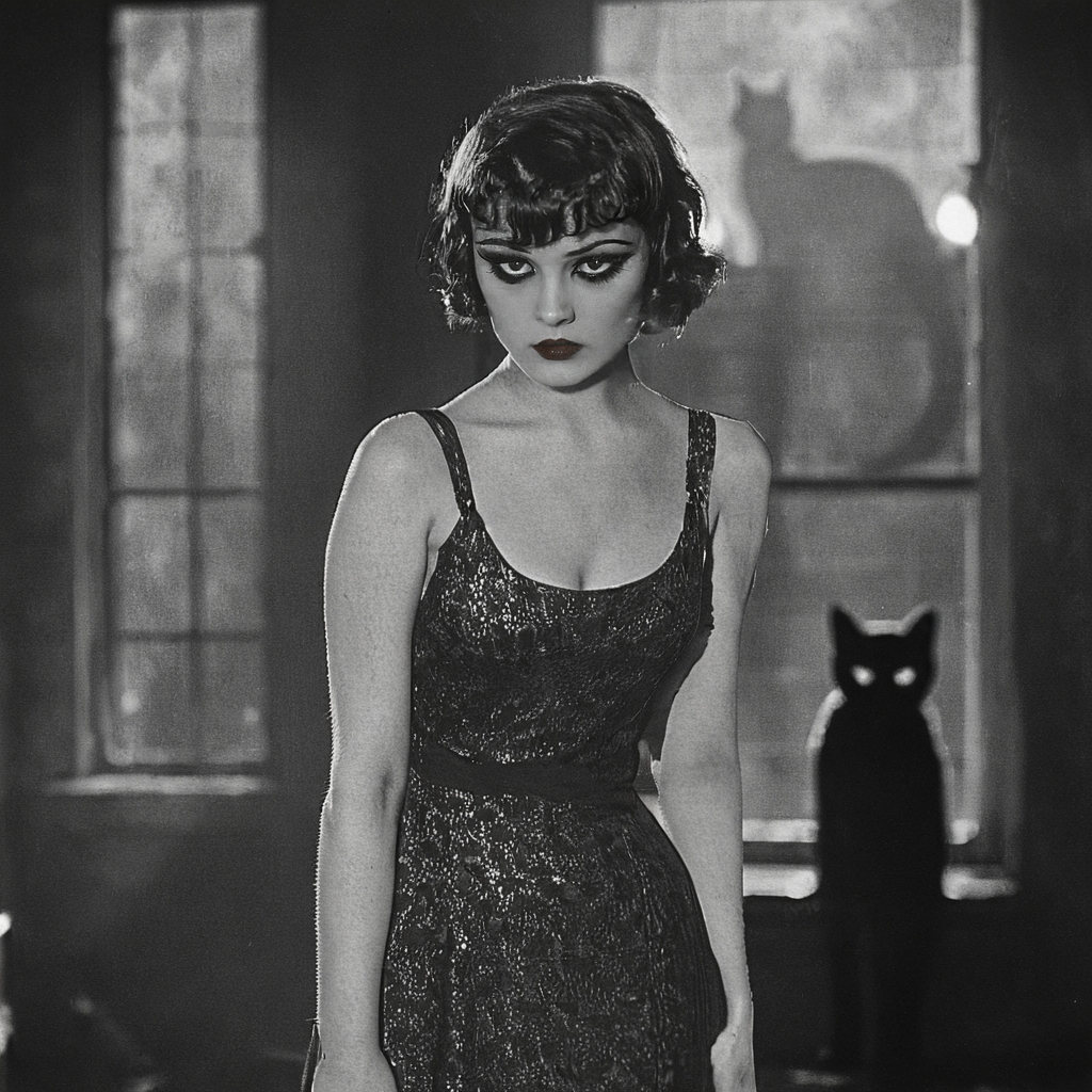 <lora:20s_Silent_MovieSDXL:1> ArsMovieStill, 20s Silent Movie Still, Black and White, The image is a black and white photograph of a young woman standing in a dimly lit room with a large window in the background. She is wearing a sleeveless dress with a high neckline and thin straps. Her hair is styled in a short bob with bangs and she is wearing dramatic makeup with dark eyeliner and red lipstick. The woman is looking off to the side with a serious expression on her face. In the background there is a silhouette of a cat standing on the floor. The overall mood of the image is dark and mysterious., 1girl, greyscale, monochrome, cat, dress, short hair, looking at viewer, solo, window, blurry