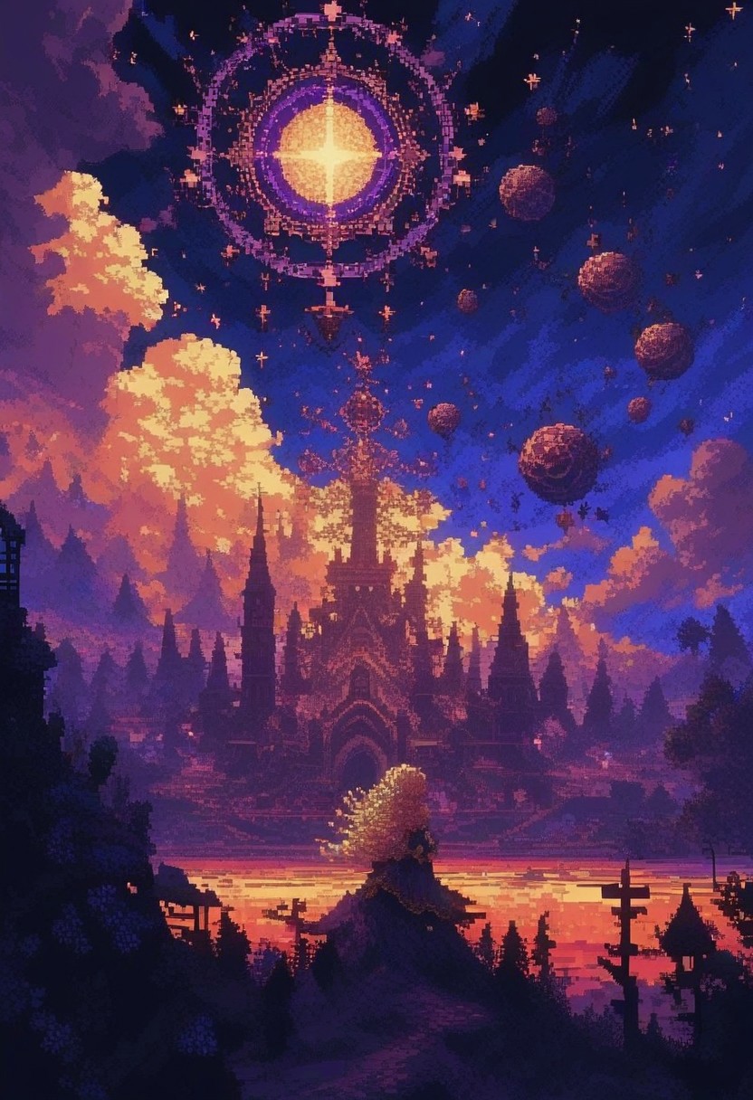 score_9, score_8_up, score_7_up, ethereal pixel art, (dreamy:1.3) landscape, (soft glow:1.2), whimsical creatures, vibrant colors, floating islands, starry sky, intricate details, serene atmosphere, by (Yoshitaka Amano:1.4), enchanting mood. d3p1x3l, pixel art,