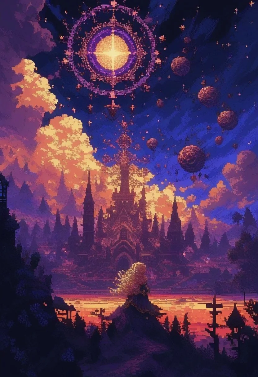score_9, score_8_up, score_7_up, ethereal pixel art, (dreamy:1.3) landscape, (soft glow:1.2), whimsical creatures, vibrant colors, floating islands, starry sky, intricate details, serene atmosphere, by (Yoshitaka Amano:1.4), enchanting mood. d3p1x3l, pixel art,