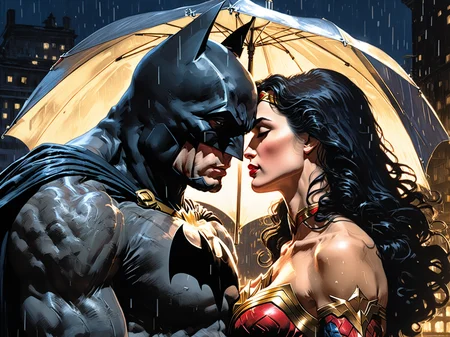 Wonder woman kissing batman, in the rain, night scene, art by Makoto Shinkai, art by J.C. Leyendecker
<lora:xl_more_art-full-beta2:1>
