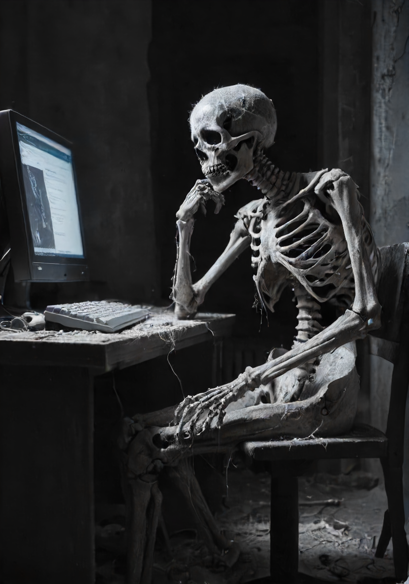 a dusty and broken skeleton covered in cobweb is looking at a computer screen while waiting for the civitai page to load, the skeleton died a long time ago, cinematic, film grain, sad, <lora:- SDXL - AI-Breaker__V1.7:.4>