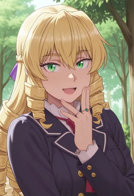 masterpiece,best quality,amazing quality, auvergne grace, long hair, blonde hair, green eyes, 1girl, solo, ring, open mouth, school uniform, braid, smile, jewelry, drill hair, tree, looking at viewer, french braid, :d