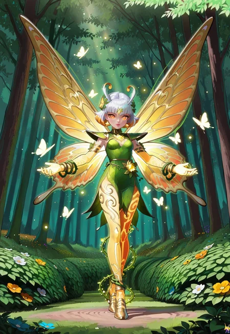 masterpiece, best quality, very aesthetic, absurdres, intricate details, 4k, semi realistic, cartoon, fantasy, orange energy around, green energy around, aura, gold dust particles surrounds her, dynamic pose, fighting stance, score_9, score_8_up, score_7_up, score_6_up, score_5_up, 18 years old, full body, newest, short girl, young, lora:AMarvelRivals_style:1 marvelrivals.
A radiant forest spirit fairy stands in a powerful yet elegant stance, her body glowing with a mystical aura. Her luminous golden butterfly eyes shimmer like captured sunlight, framed by long, silver-white lashes. A soft blush dusts her cheeks, complementing her cute button nose and delicate facial structure. Wisps of silver bob-cut with a honey-gold ombre cascade around her, interwoven with small flowers and vibrant green leaves.
Her translucent butterfly-like wings, infused with warm orange hues and glowing golden veins, flutter with a fiery radiance, leaving behind a faint trail of shimmering light. Small, curled antennae extend from her forehead, sensing the life force around her.
She wears a leaf dress woven from deep green foliage, elegantly wrapped around her form like living armor, adorned with tiny glowing amber gemstones. Vines coil around her arms, trailing down to her wrists. Swirling gold dust dances around her as she channels both the energy of the forest and the raw power of nature, exuding both serenity and unyielding strength.