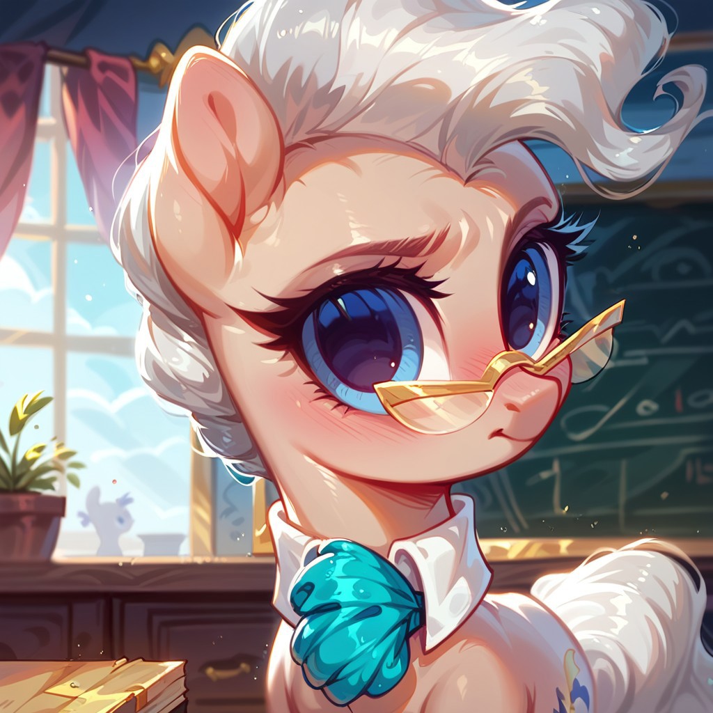 rating_safe, score_9, score_8_up, score_7_up, pony, feral, cute, Mayor Mare, 1girl, non-human, glasses, blue eyes, beige skin, quadruped, animal, pony, gray hair, tail, indoors, pretty face, curvy and petite, heavy blush, light makeup, volumetric lighting, vivid colours, detailed, shiny